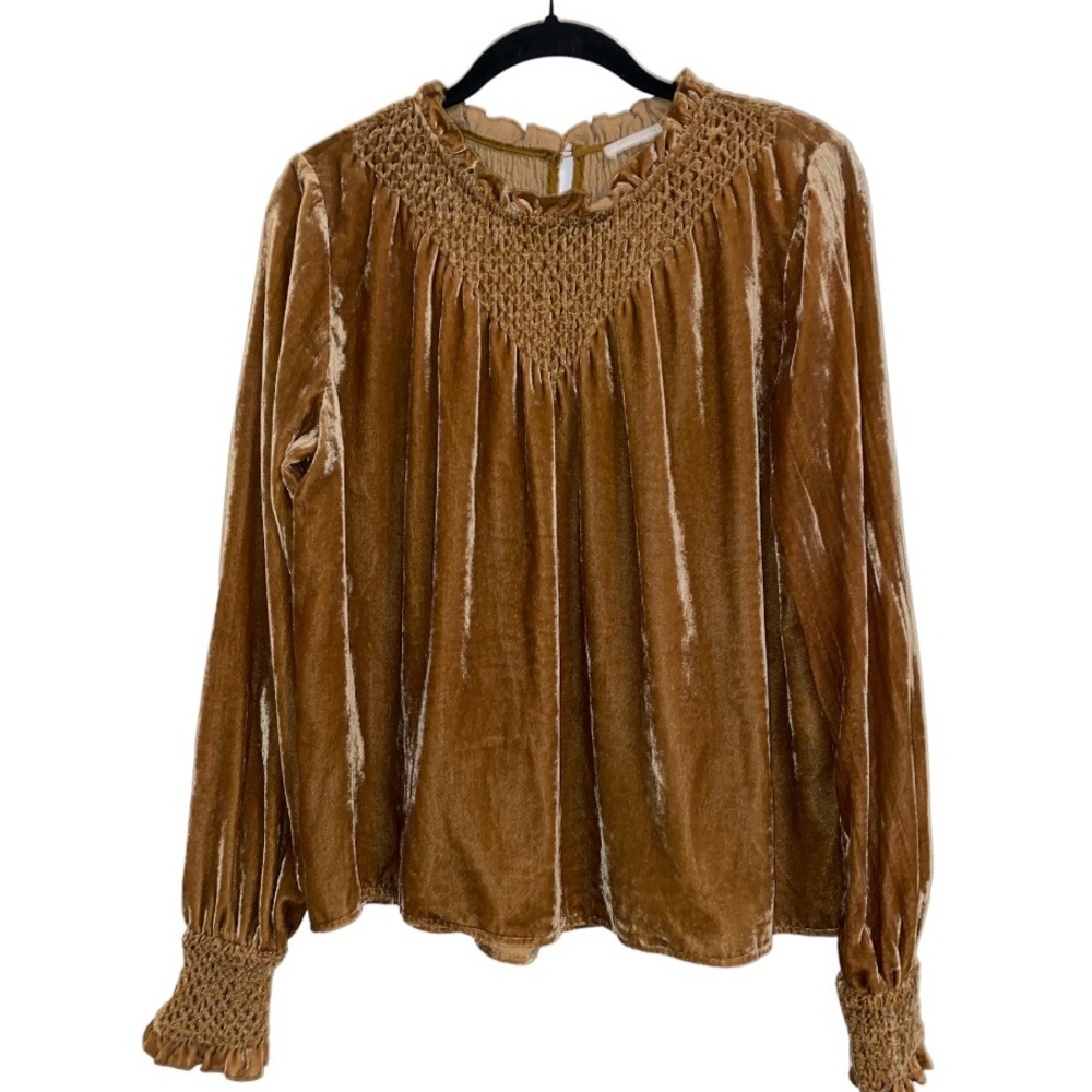 LoveShackFancy gold velvet long sleeve blouse